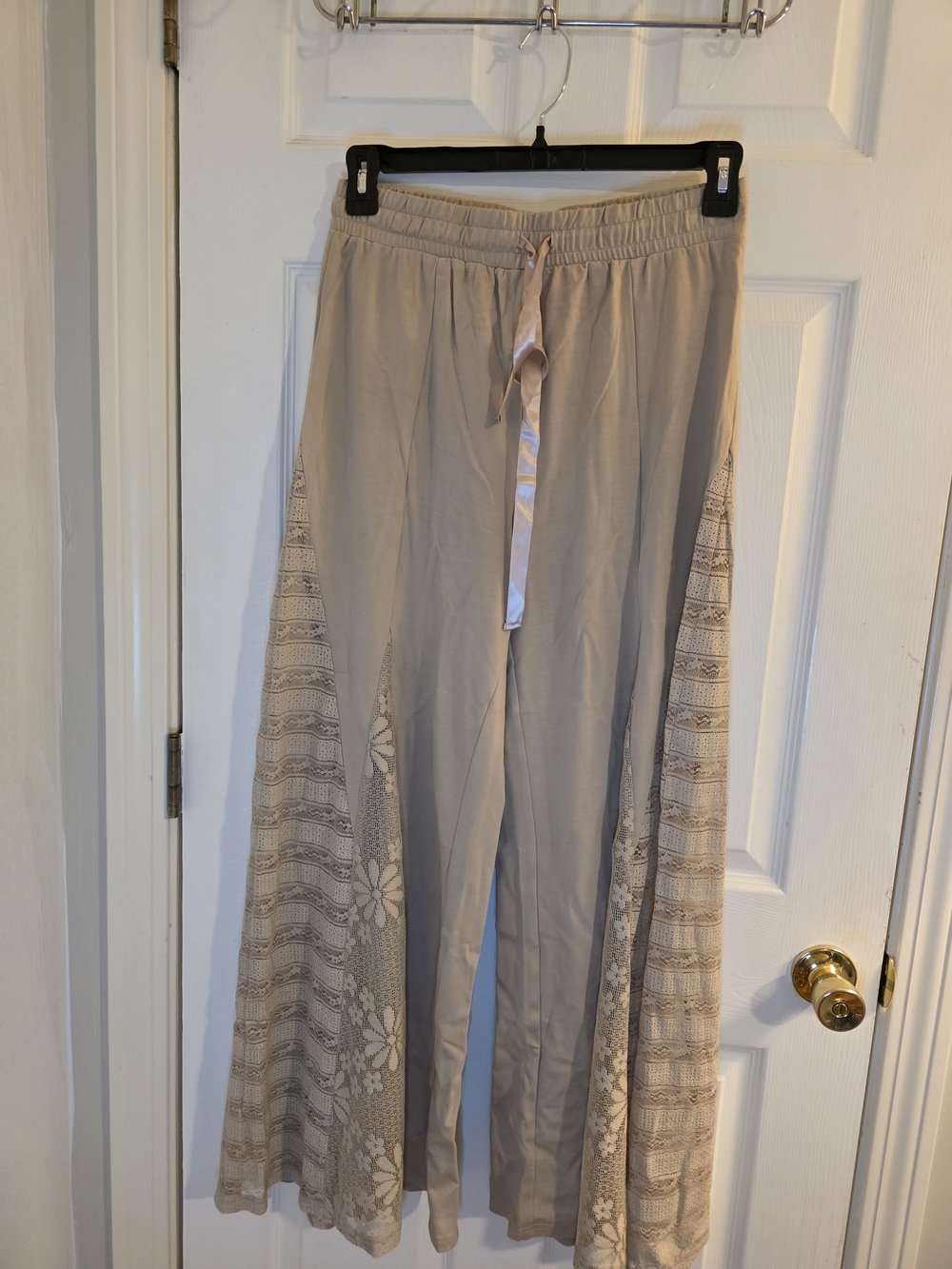 Light Taupe Lace Panel Wide Leg Lounge Pants